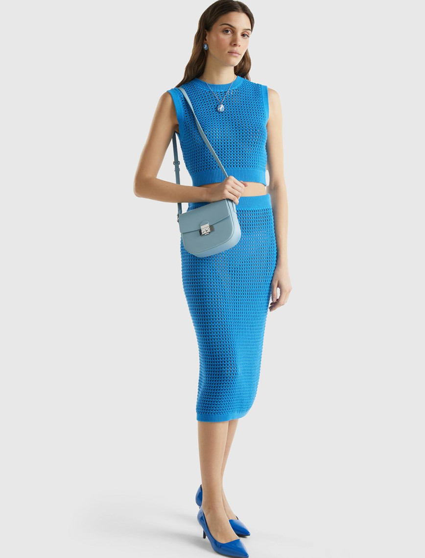 Kadın Mavi %100 Pamuk Örgü Motifli Kalın Askılı Süveter