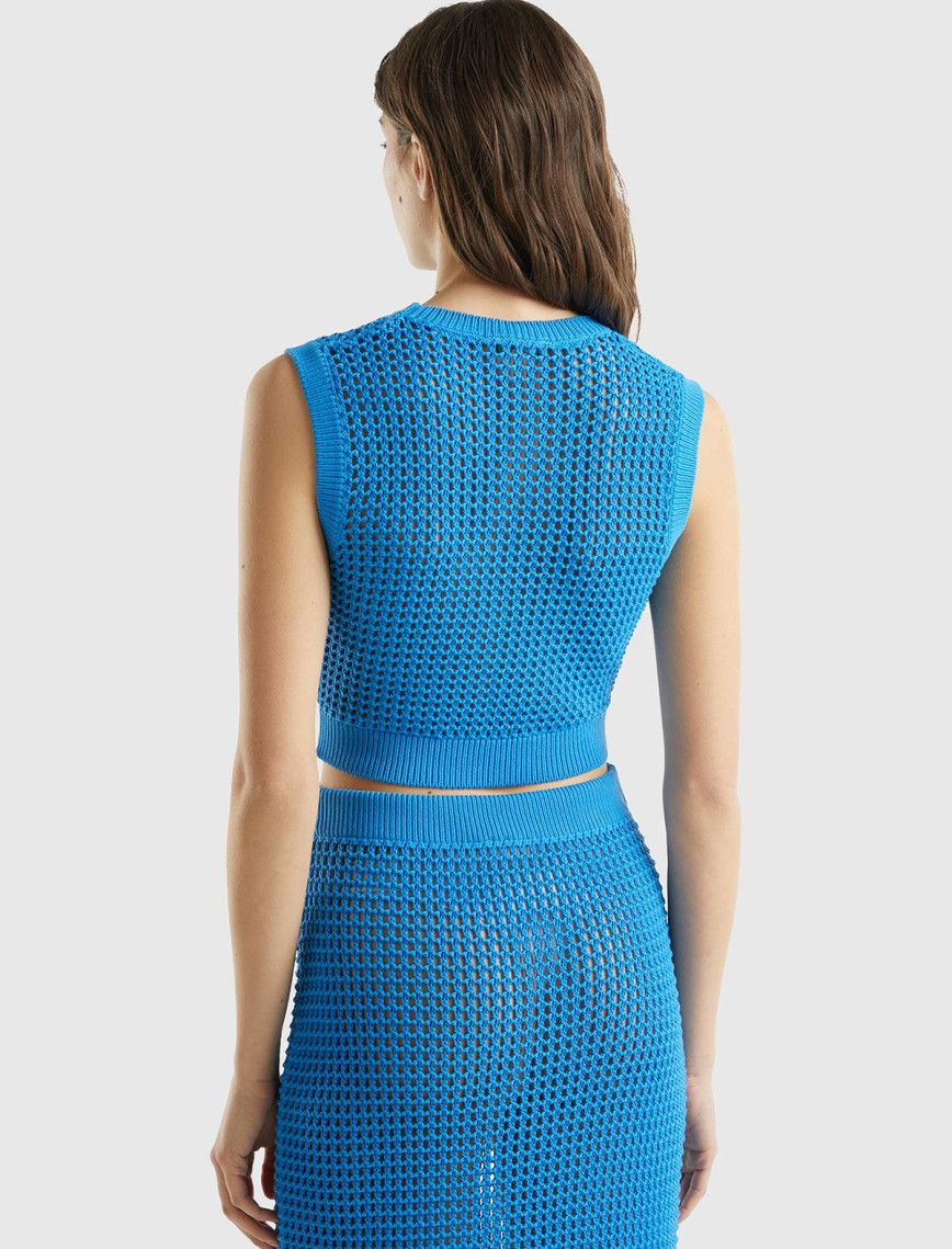 Kadın Mavi %100 Pamuk Örgü Motifli Kalın Askılı Süveter