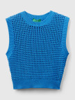 Kadın Mavi %100 Pamuk Örgü Motifli Kalın Askılı Süveter