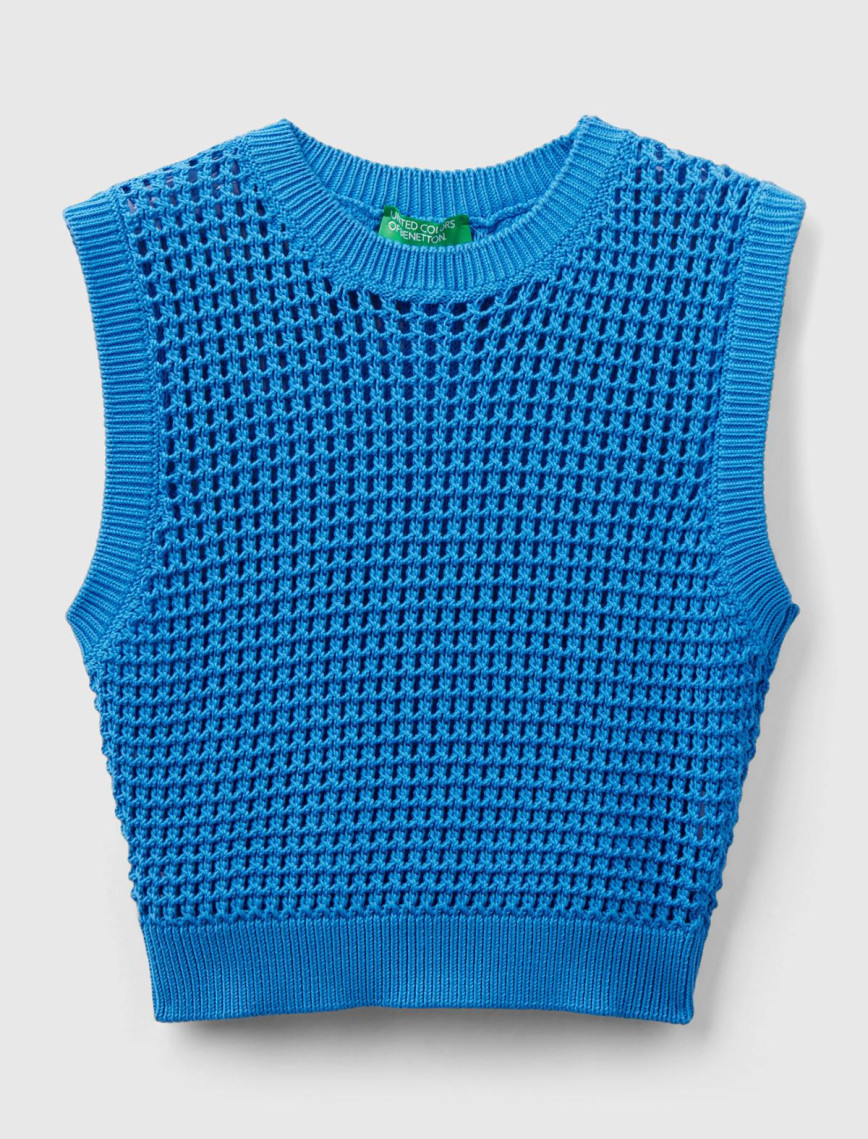 Kadın Mavi %100 Pamuk Örgü Motifli Kalın Askılı Süveter