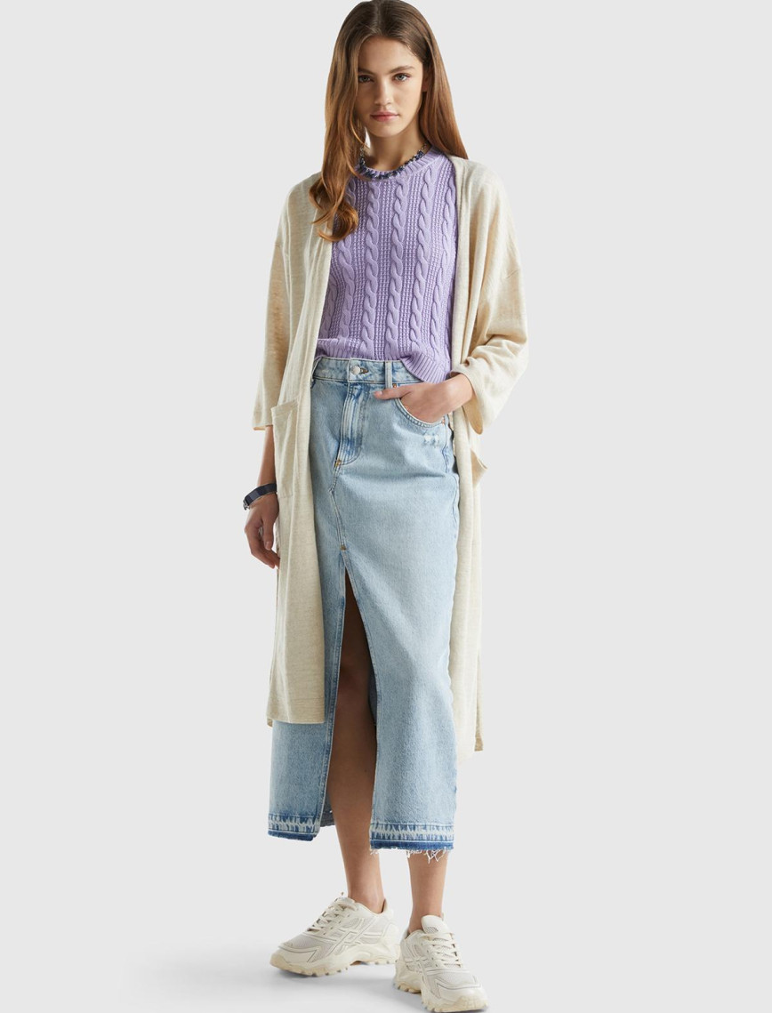 Kadın Vanilya Pamuk Keten Karışımlı Yırtmaçlı Uzun Hırka Kadın Vanilya Pamuk Keten Karışımlı Yırtmaçlı Uzun Hırka