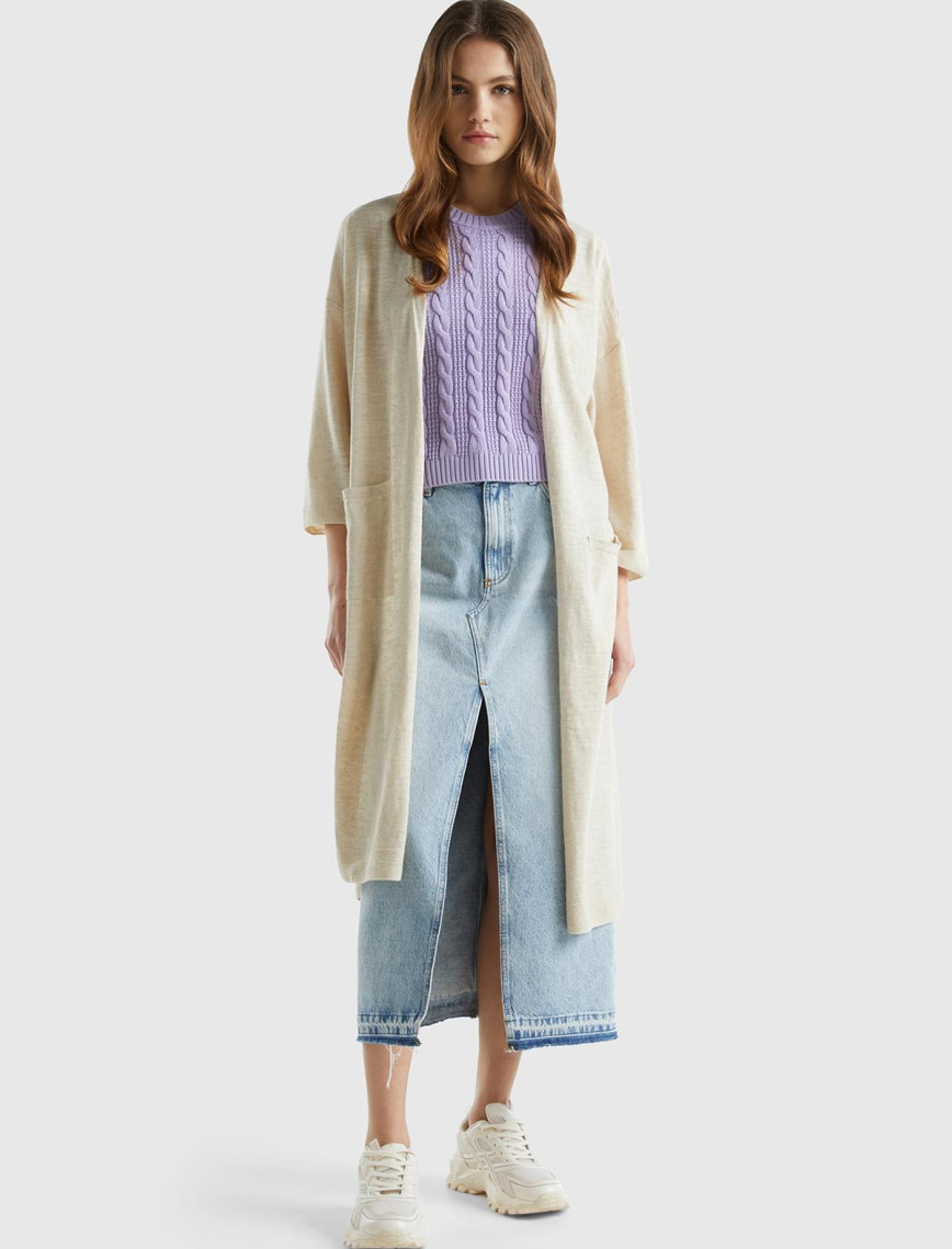 Kadın Soluk Yeşil Pamuk Keten Karışımlı Yırtmaçlı Uzun Hırka Kadın Soluk Yeşil Pamuk Keten Karışımlı Yırtmaçlı Uzun Hırka