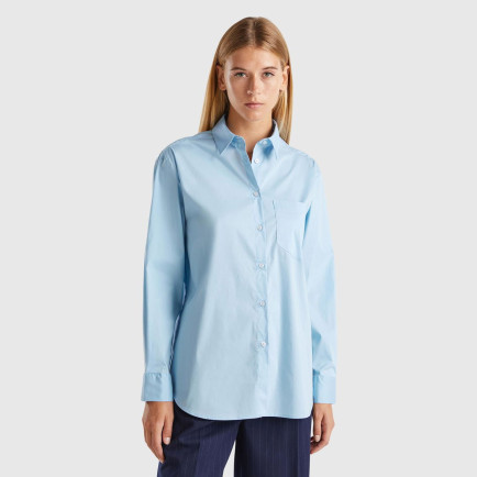 Kadın Turkuaz Pamuk Karışımlı Uzun Kollu Sivri Yaka Poplin Gömlek