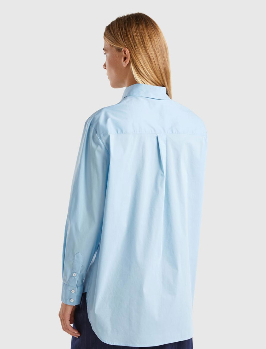 Kadın Turkuaz Pamuk Karışımlı Uzun Kollu Sivri Yaka Poplin Gömlek