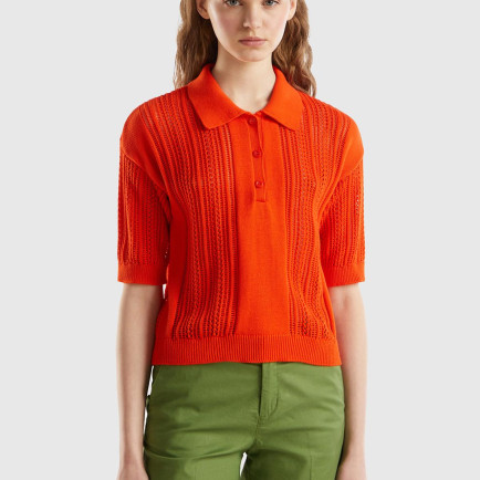 Kadın Nar Çiçeği %100 Pamuk Tığ İşi Kolları Büzgülü Polo Yaka Triko T-Shirt Kadın Nar Çiçeği %100 Pamuk Tığ İşi Kolları Büzgülü Polo Yaka Triko T-Shirt