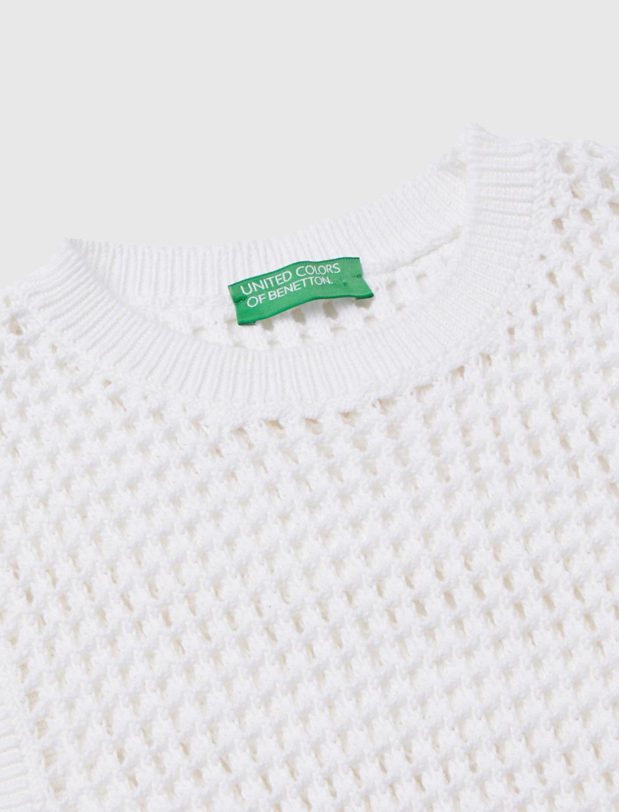 Kadın Beyaz %100 Pamuk Örgü Motifli Kalın Askılı Süveter