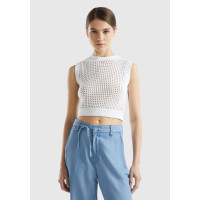 Kadın Beyaz %100 Pamuk Örgü Motifli Kalın Askılı Süveter