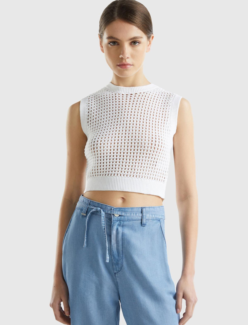 Kadın Beyaz %100 Pamuk Örgü Motifli Kalın Askılı Süveter