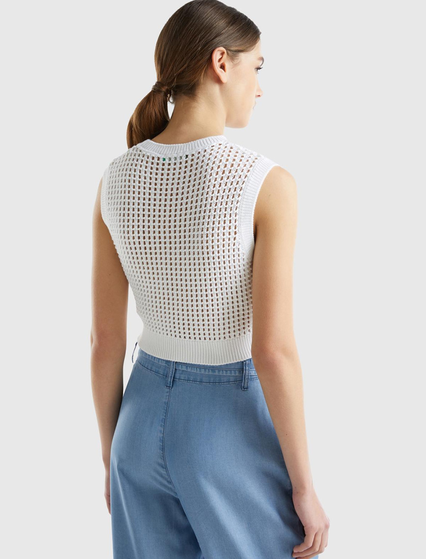 Kadın Beyaz %100 Pamuk Örgü Motifli Kalın Askılı Süveter