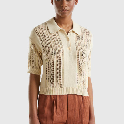 Kadın Bej %100 Pamuk Tığ İşi Kolları Büzgülü Polo Yaka Triko T-Shirt Kadın Bej %100 Pamuk Tığ İşi Kolları Büzgülü Polo Yaka Triko T-Shirt