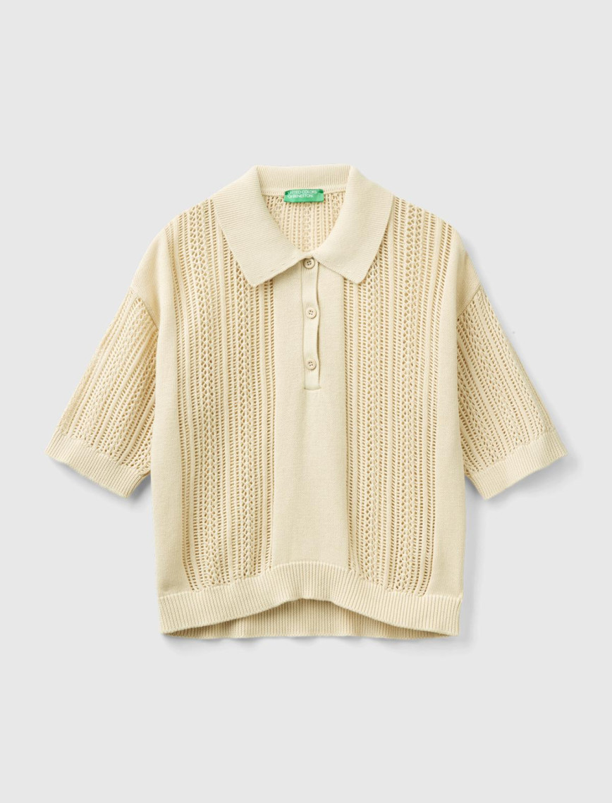 Kadın Bej %100 Pamuk Tığ İşi Kolları Büzgülü Polo Yaka Triko T-Shirt