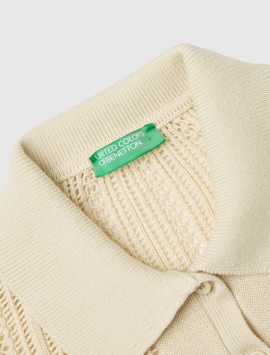 Kadın Bej %100 Pamuk Tığ İşi Kolları Büzgülü Polo Yaka Triko T-Shirt