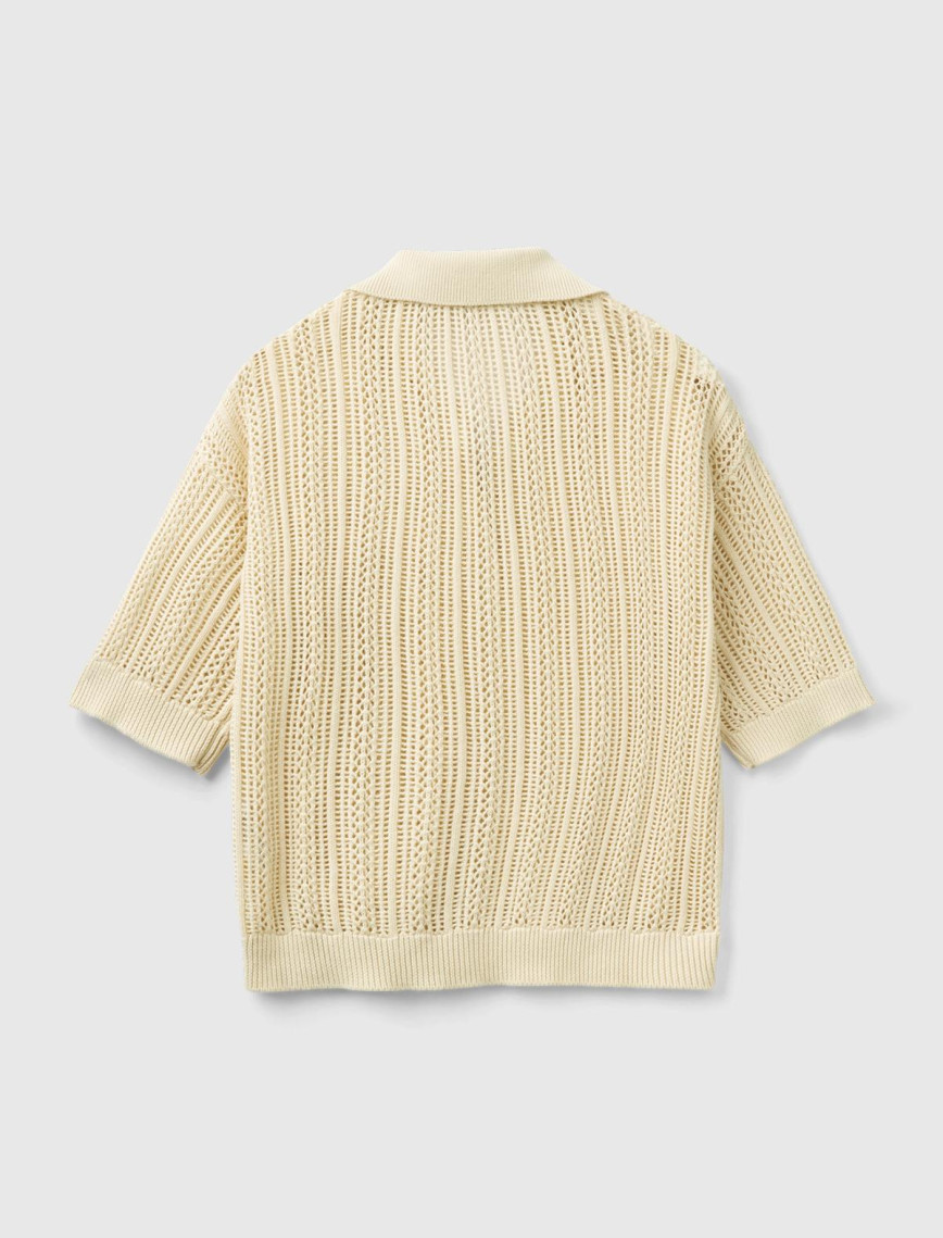 Kadın Bej %100 Pamuk Tığ İşi Kolları Büzgülü Polo Yaka Triko T-Shirt