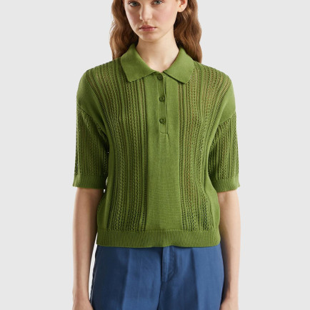 Kadın Soluk Yeşil %100 Pamuk Tığ İşi Kolları Büzgülü Polo Yaka Triko T-Shirt Kadın Soluk Yeşil %100 Pamuk Tığ İşi Kolları Büzgülü Polo Yaka Triko T-Shirt