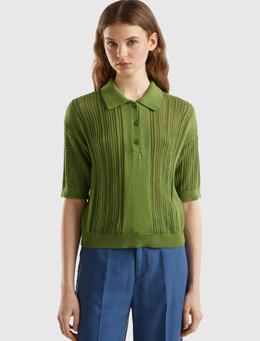 Kadın Soluk Yeşil %100 Pamuk Tığ İşi Kolları Büzgülü Polo Yaka Triko T-Shirt Kadın Soluk Yeşil %100 Pamuk Tığ İşi Kolları Büzgülü Polo Yaka Triko T-Shirt