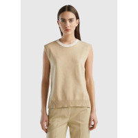 Kadın Bej Viskoz Karışımlı Yanları Yırtmaçlı Kolsuz Kazak