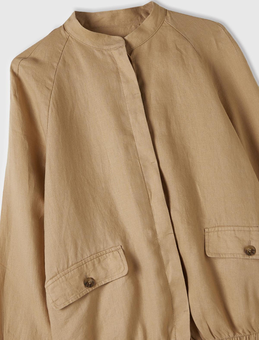 Kadın Taba %100 Keten Gizli Düğme Kapamalı Bomber Ceket Kadın Taba %100 Keten Gizli Düğme Kapamalı Bomber Ceket