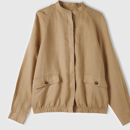 Kadın Taba %100 Keten Gizli Düğme Kapamalı Bomber Ceket Kadın Taba %100 Keten Gizli Düğme Kapamalı Bomber Ceket