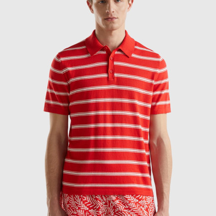 Erkek Kırmızı %100 Pamuk Çizgili 3 Düğmeli Polo Yaka Triko T-Shirt