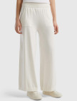 Kadın Krem %100 Koton Geniş Paça Triko Pantolon