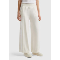 Kadın Krem %100 Koton Geniş Paça Triko Pantolon