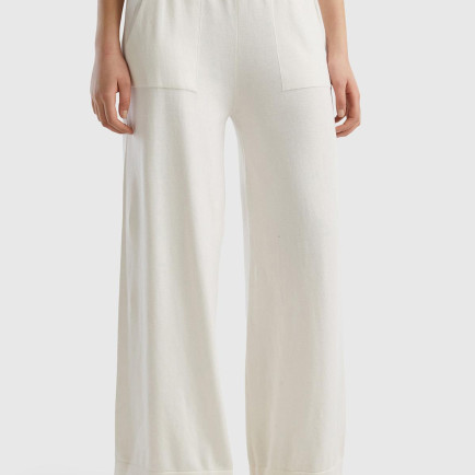 Kadın Krem %100 Koton Geniş Paça Triko Pantolon