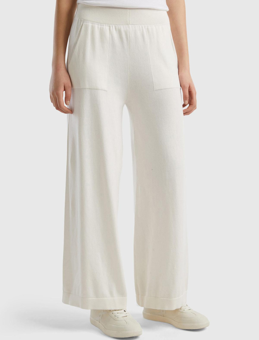 Kadın Krem %100 Koton Geniş Paça Triko Pantolon