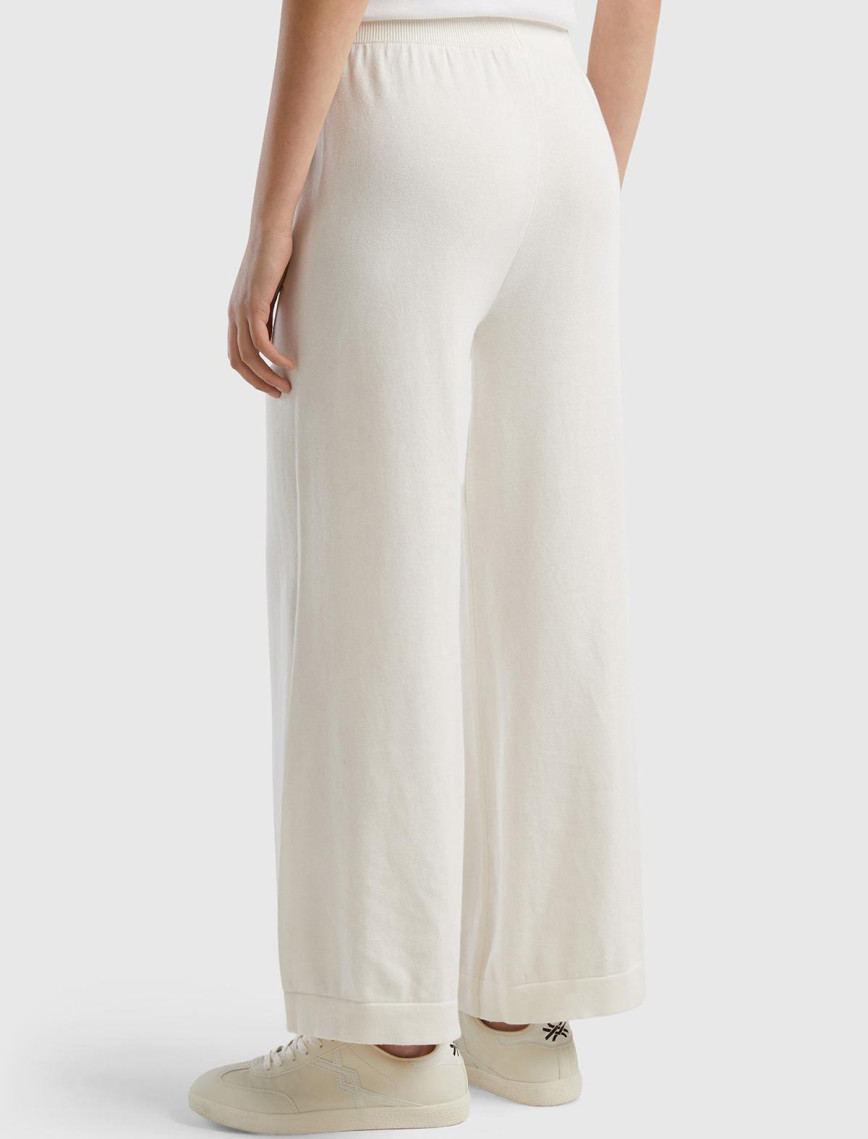 Kadın Krem %100 Koton Geniş Paça Triko Pantolon