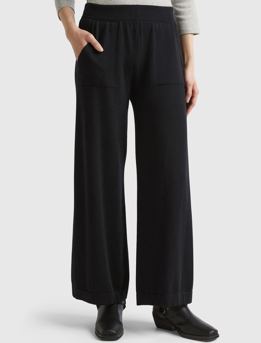 Kadın Krem %100 Koton Geniş Paça Triko Pantolon