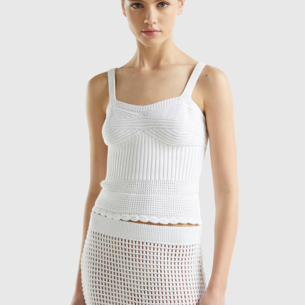 Kadın Beyaz %100 Pamuk Örgü Motifli Altı Saçaklı Kalın Askılı Triko Atlet Kadın Beyaz %100 Pamuk Örgü Motifli Altı Saçaklı Kalın Askılı Triko Atlet