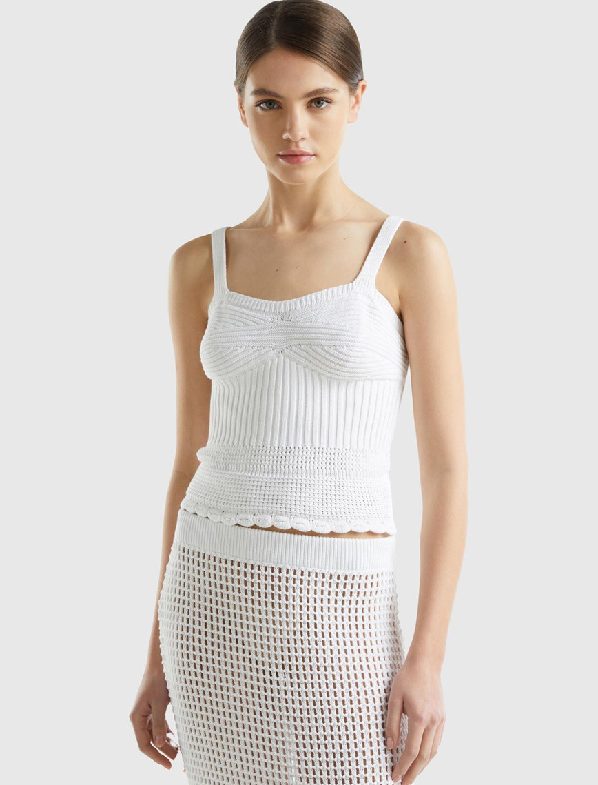 Kadın Beyaz %100 Pamuk Örgü Motifli Altı Saçaklı Kalın Askılı Triko Atlet Kadın Beyaz %100 Pamuk Örgü Motifli Altı Saçaklı Kalın Askılı Triko Atlet