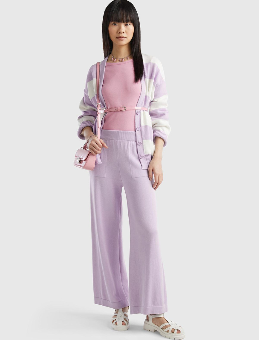 Kadın Lila %100 Koton Geniş Paça Triko Pantolon