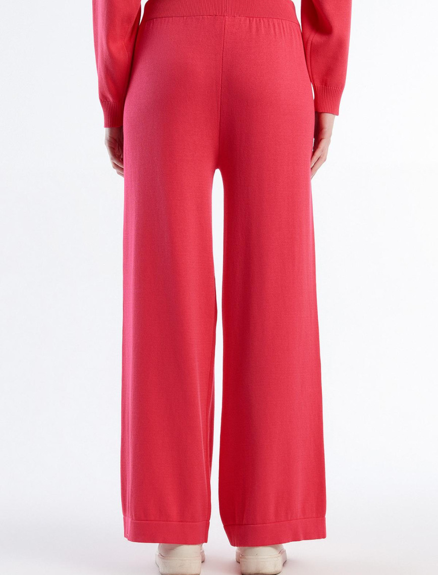Kadın Koyu Pembe %100 Koton Geniş Paça Triko Pantolon