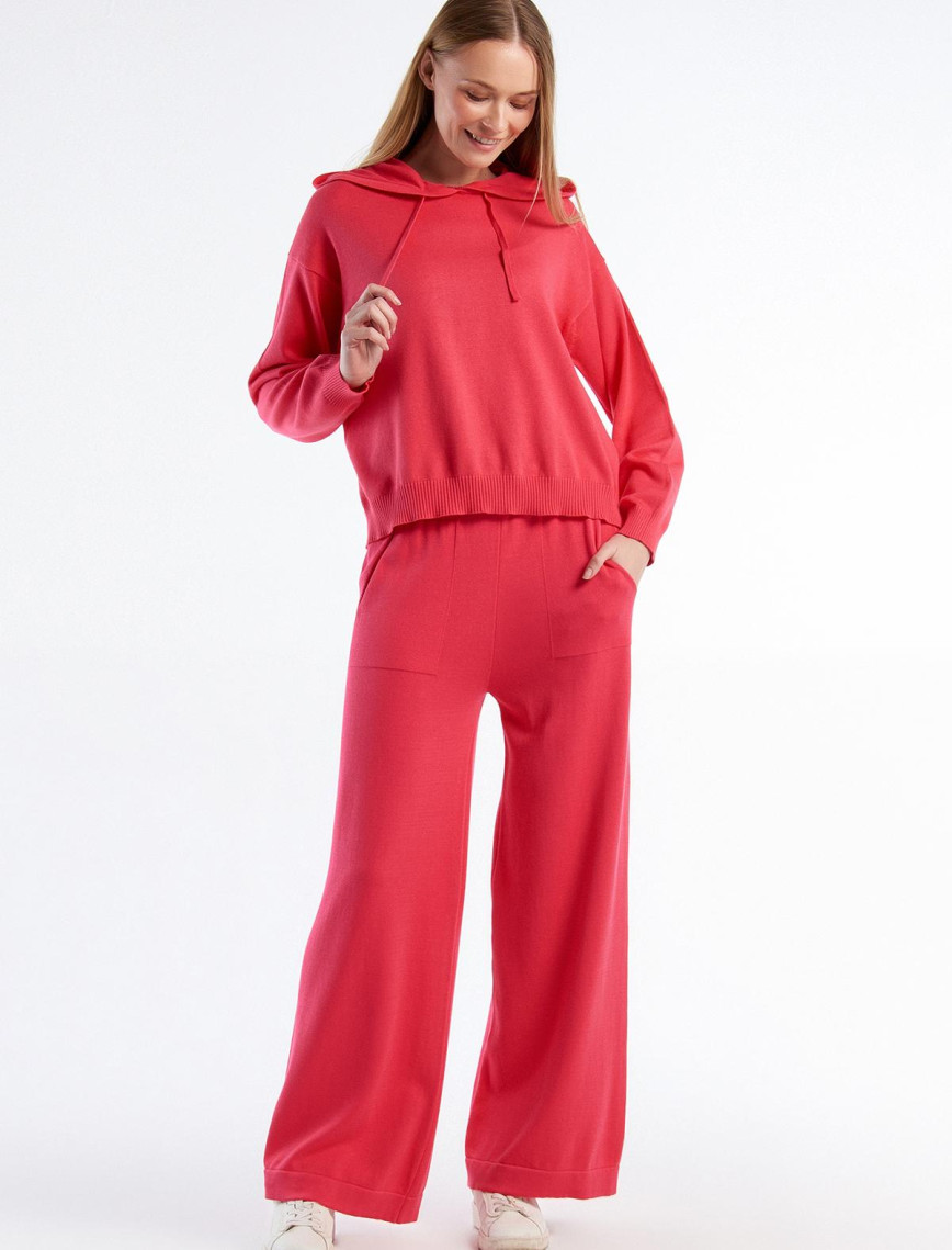 Kadın Krem %100 Koton Geniş Paça Triko Pantolon