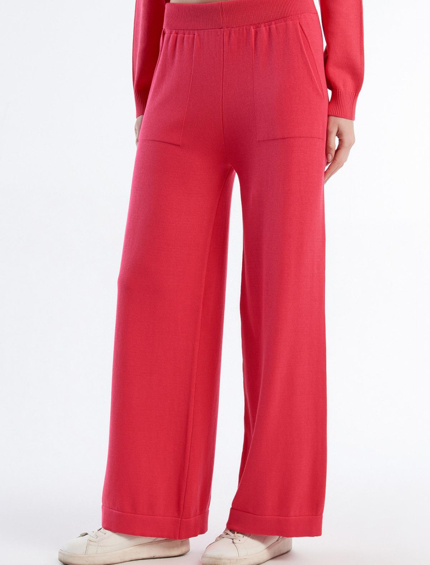 Kadın Koyu Pembe %100 Koton Geniş Paça Triko Pantolon