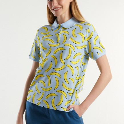 Kadın Mavi Mix Streç Pamuklu Göğsü Logo İşlemeli Tamamı Desenli Polo T-Shirt Kadın Mavi Mix Streç Pamuklu Göğsü Logo İşlemeli Tamamı Desenli Polo T-Shirt