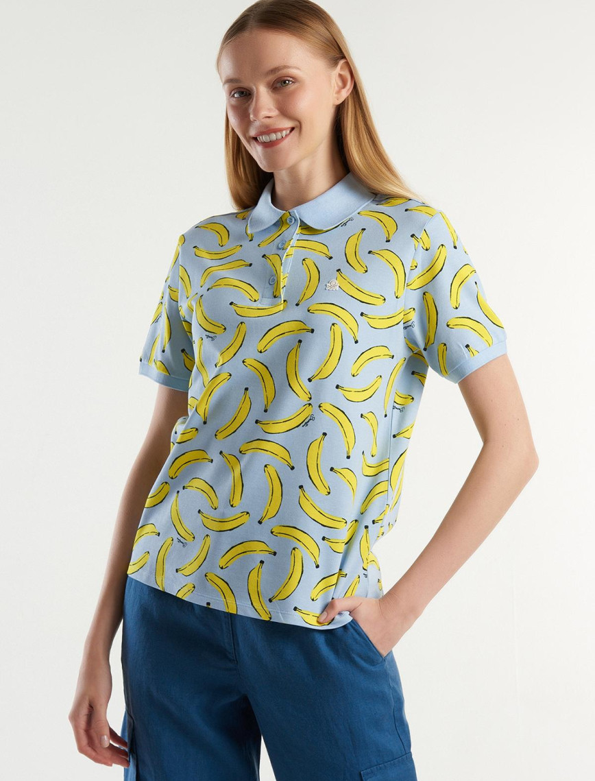 Kadın Mavi Mix Streç Pamuklu Göğsü Logo İşlemeli Tamamı Desenli Polo T-Shirt Kadın Mavi Mix Streç Pamuklu Göğsü Logo İşlemeli Tamamı Desenli Polo T-Shirt