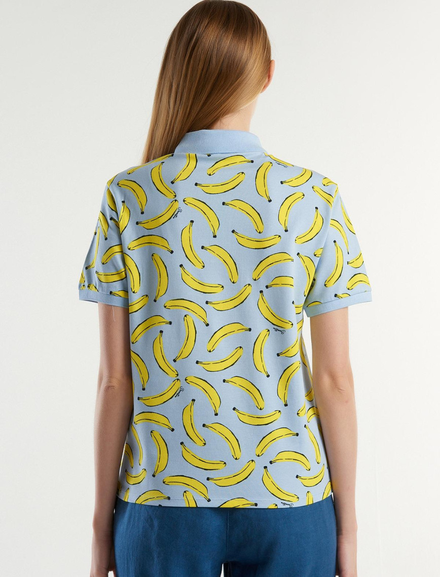 Kadın Mavi Mix Streç Pamuklu Göğsü Logo İşlemeli Tamamı Desenli Polo T-Shirt Kadın Mavi Mix Streç Pamuklu Göğsü Logo İşlemeli Tamamı Desenli Polo T-Shirt