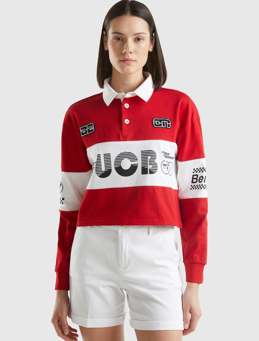 Kadın Yeşil %100 Pamuk Logo Baskılı Renk Bloklu Polo Yaka Crop Sweatshirt