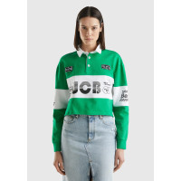 Kadın Yeşil %100 Pamuk Logo Baskılı Renk Bloklu Polo Yaka Crop Sweatshirt