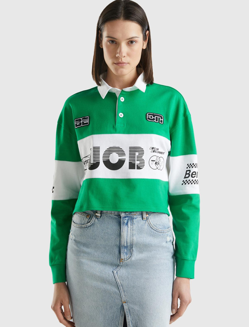 Kadın Yeşil %100 Pamuk Logo Baskılı Renk Bloklu Polo Yaka Crop Sweatshirt