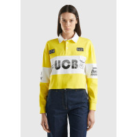 Kadın Sarı %100 Pamuk Logo Baskılı Renk Bloklu Polo Yaka Crop Sweatshirt