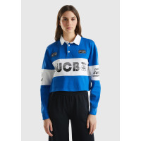 Kadın Saks Mavi %100 Pamuk Logo Baskılı Renk Bloklu Polo Yaka Crop Sweatshirt