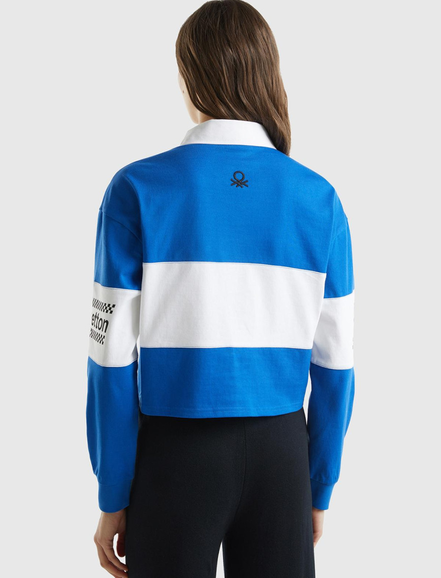 Kadın Saks Mavi %100 Pamuk Logo Baskılı Renk Bloklu Polo Yaka Crop Sweatshirt