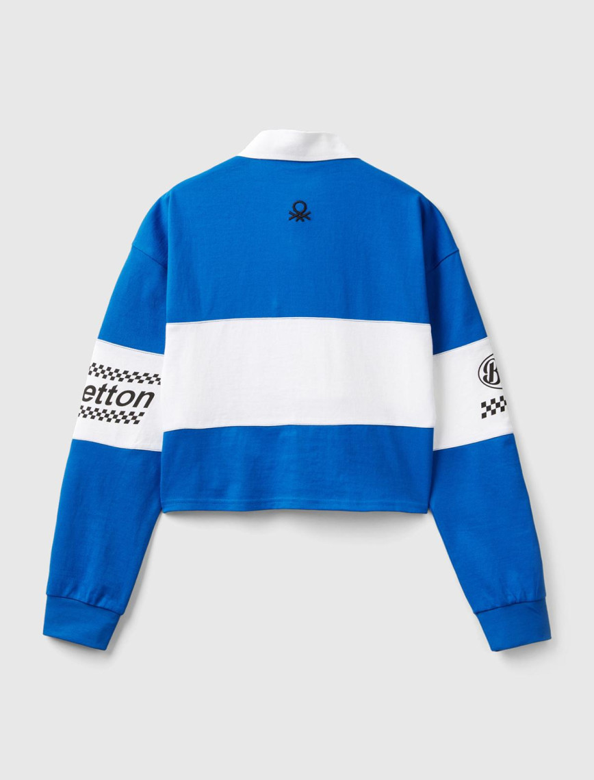 Kadın Saks Mavi %100 Pamuk Logo Baskılı Renk Bloklu Polo Yaka Crop Sweatshirt