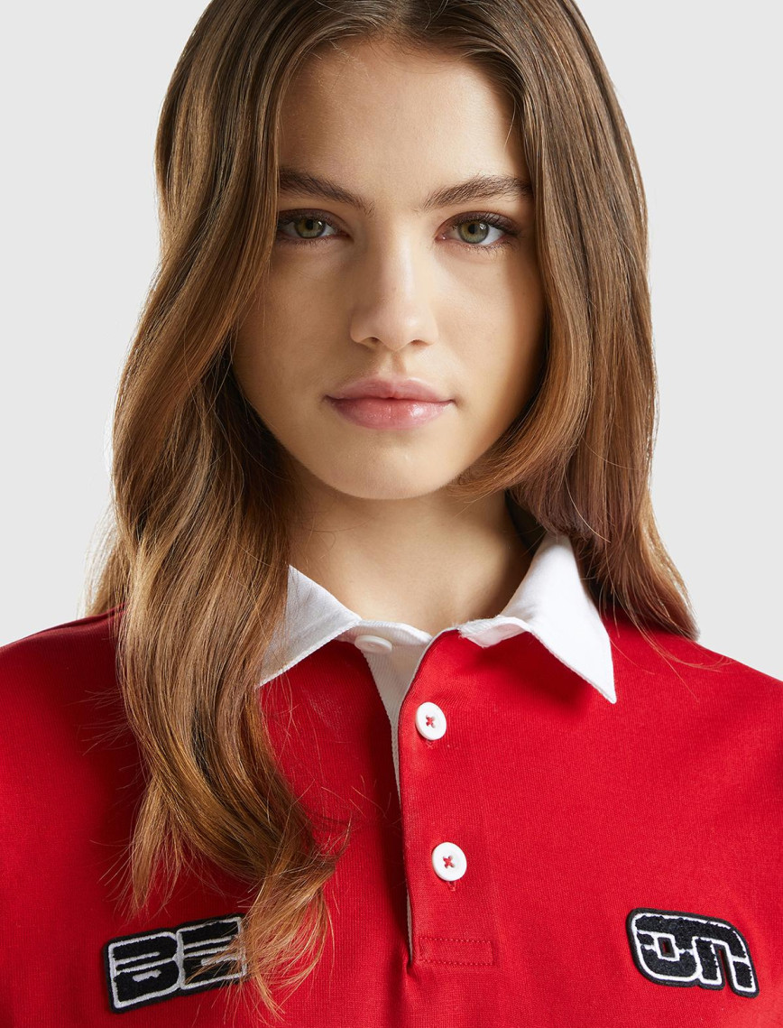 Unisex Kırmızı %100 Pamuk Logo Baskılı Polo Yaka Sweatshirt