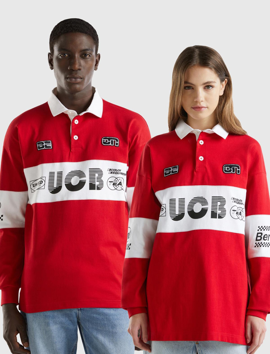 Unisex Kırmızı %100 Pamuk Logo Baskılı Polo Yaka Sweatshirt