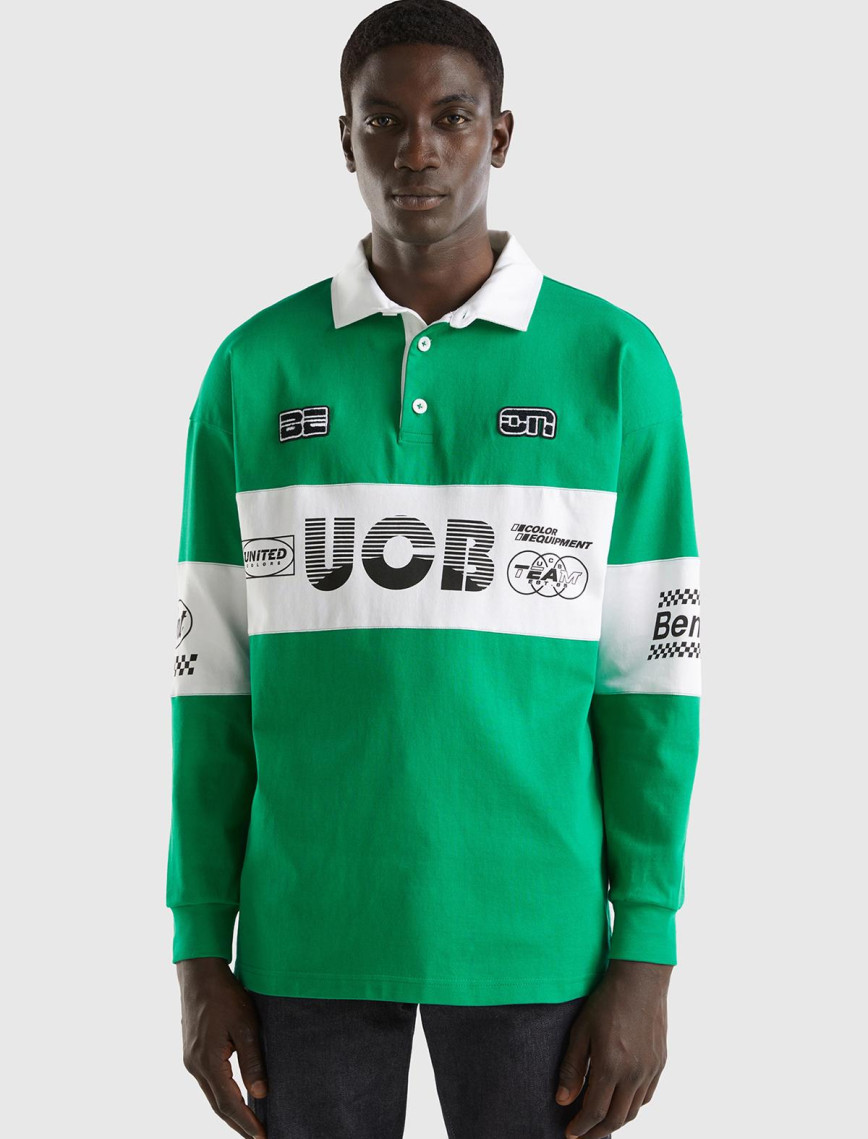 Unisex Yeşil %100 Pamuk Logo Baskılı Polo Yaka Sweatshirt