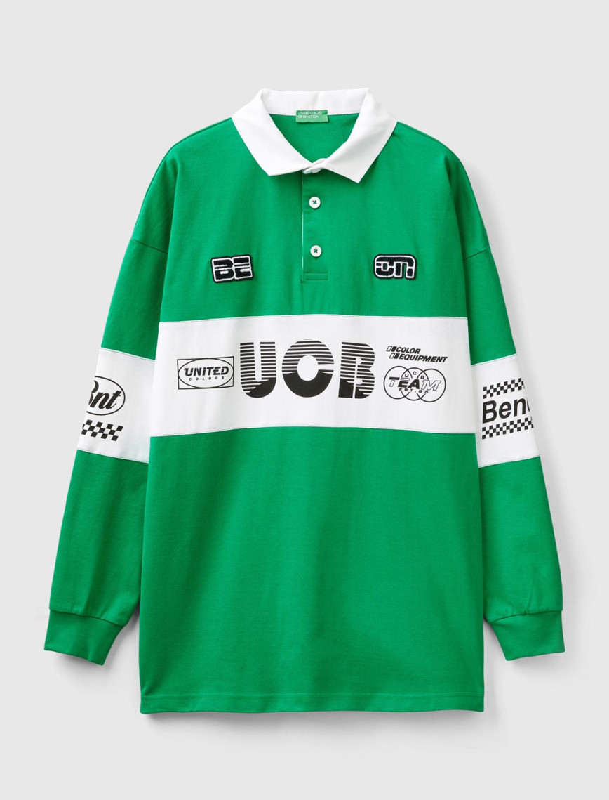 Unisex Yeşil %100 Pamuk Logo Baskılı Polo Yaka Sweatshirt