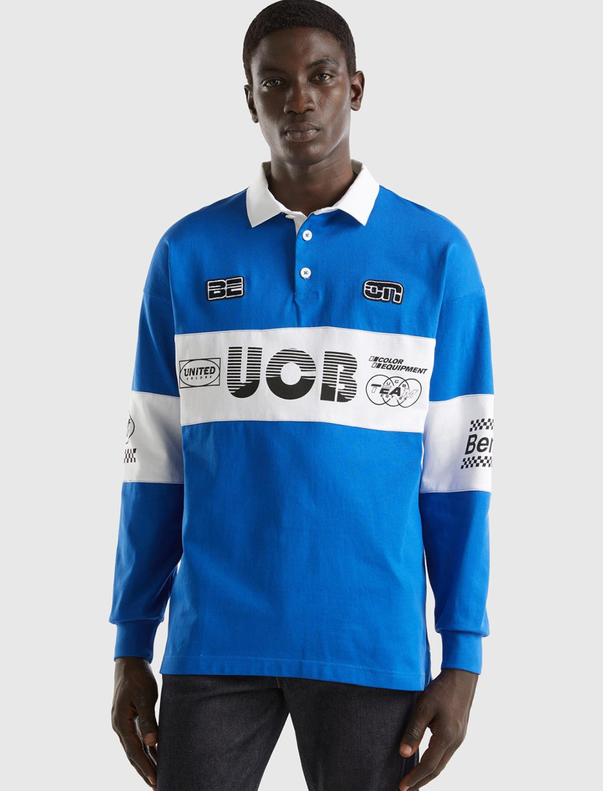 Unisex Saks Mavi %100 Pamuk Logo Baskılı Polo Yaka Sweatshirt